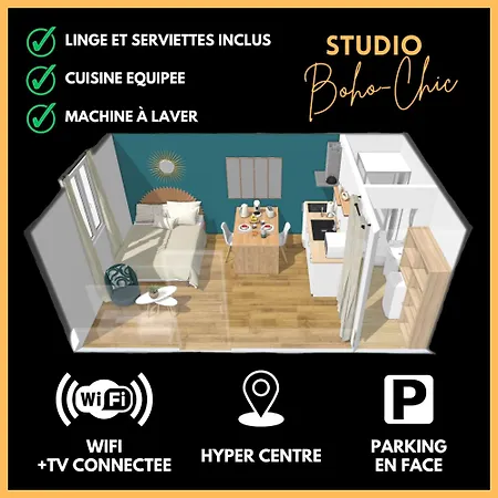 公寓 Boho-chic En Hyper-centre De Au Calme, Confort, Wifi Rapide, Parking En Face, Arrivee Autonome